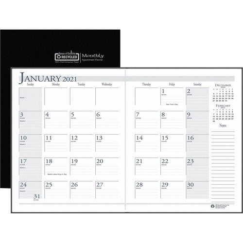 RECYCLED RULED PLANNER WITH STITCHED LEATHERETTE COVER, 11 X 8.5, BLACK, 2020-2022