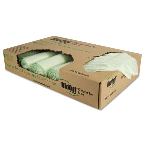 BIOTUF COMPOSTABLE CAN LINERS, 32 GAL, 1 MIL, 34" X 48", GREEN, 100/CARTON