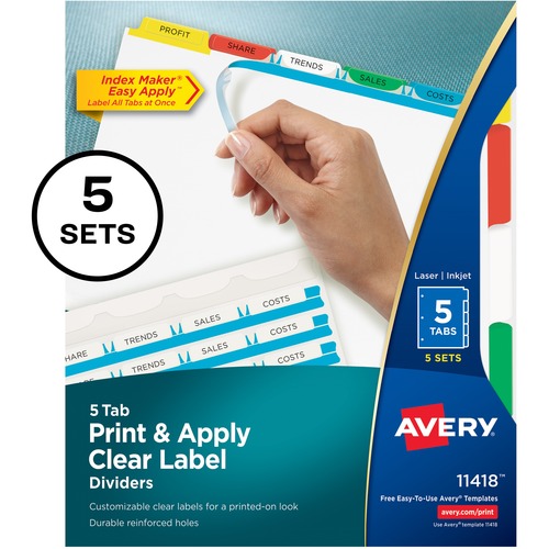 PRINT AND APPLY INDEX MAKER CLEAR LABEL DIVIDERS, 5 COLOR TABS, LETTER, 5 SETS