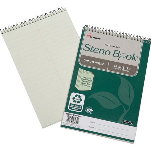SKILCRAFT  Steno Notebook, 16lb, Gregg Rld, 6"x9", 80 Shts, 6/PK, GN