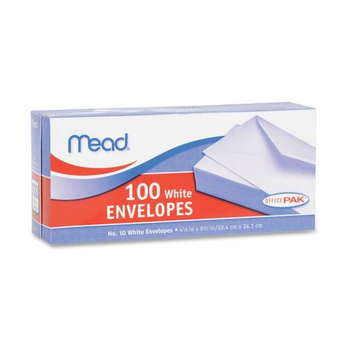 Mead  Plain Envelopes, Gummed, No 10, 100/BX, White