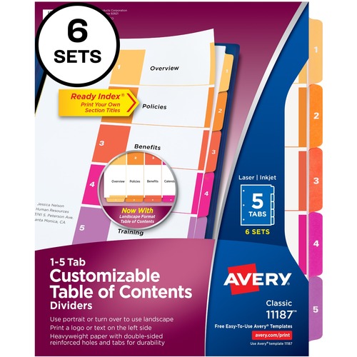 CUSTOMIZABLE TOC READY INDEX MULTICOLOR DIVIDERS, 5-TAB, LETTER, 6 SETS