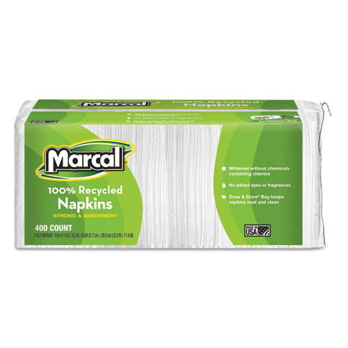 100% RECYCLED LUNCHEON NAPKINS, 11.4 X 12.5, WHITE, 400/PACK, 6PK/CT