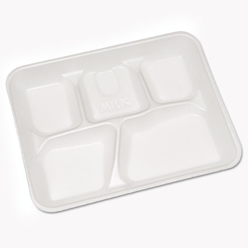 LIGHTWEIGHT FOAM SCHOOL TRAYS, 5-COMPARTMENT, 8.25 X 10.5 X 1, WHITE, 500/CARTON