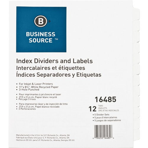 Business Source  Index Dividers, 3HP, 12-Tab, 5 Sets/BX, 8-1/2"x11", WE