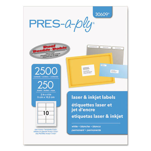 LABELS, LASER PRINTERS, 2 X 4, WHITE, 10/SHEET, 250 SHEETS/BOX