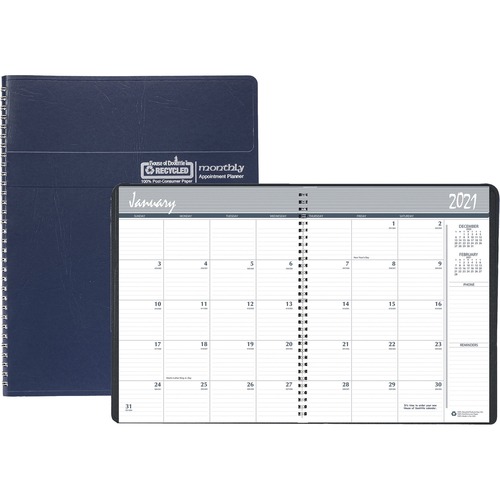RECYCLED RULED MONTHLY PLANNER, 14-MONTH DEC.-JAN., 11 X 8.5, BLUE, 2020-2022