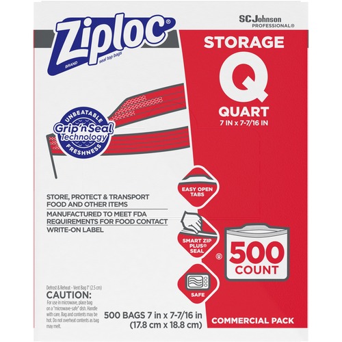 DOUBLE ZIPPER STORAGE BAGS, 1 QT, 1.75 MIL, 7" X 7.75", CLEAR, 500/BOX