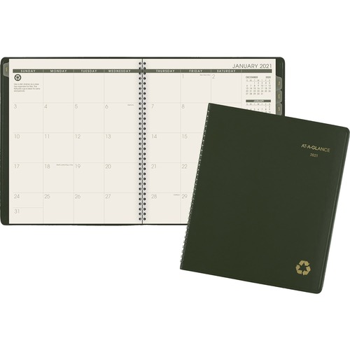 RECYCLED MONTHLY PLANNER, 11 X 9, GREEN, 2021-2022