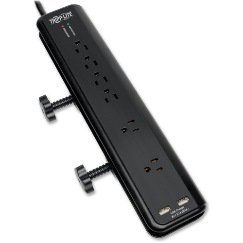 PROTECT IT! CLAMP-MOUNT SURGE PROTECTOR, 6 OUTLETS/2 USB, 6 FT CORD, 2100 J