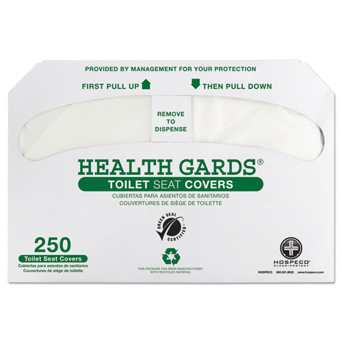 HEALTH GARDS GREEN SEAL RECYCLED TOILET SEAT COVERS, 14.75 X 16.5, WHITE, 250/PACK, 4 PACKS/CARTON