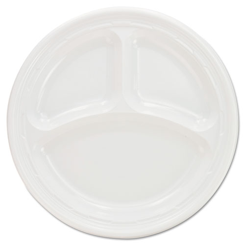 Plastic Plates, 9 Inches, White, 3 Compartments, Round, 125/pack