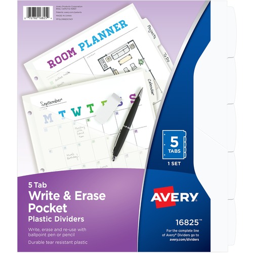 WRITE AND ERASE DURABLE PLASTIC DIVIDERS WITH POCKET, 5-TAB, 11.13 X 9.25, WHITE, 1 SET