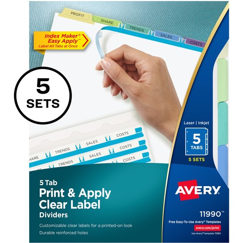 PRINT AND APPLY INDEX MAKER CLEAR LABEL DIVIDERS, 5 COLOR TABS, LETTER, 5 SETS