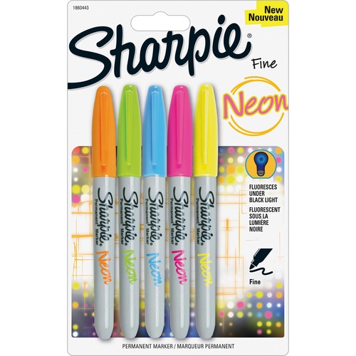 NEON PERMANENT MARKERS, FINE BULLET TIP, ASSORTED COLORS, 5/PACK