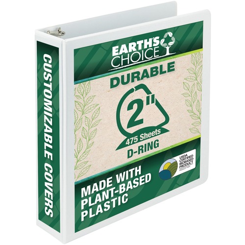 EARTH'S CHOICE BIOBASED D-RING VIEW BINDER, 3 RINGS, 2" CAPACITY, 11 X 8.5, WHITE