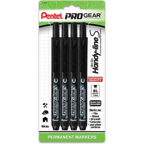 Pentel  Permanent Marker, 3.0mm Bullet, Retractable, 4/PK, Black