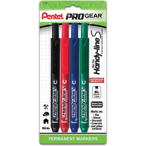 Pentel  Permanent Marker, 3.0mm Bullet, Retractable, 4/PK, Assorted