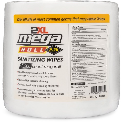 MEGA ROLL SANITIZING WIPES REFILL, 7.7" X 6", WHITE, 50 FT/ROLL, 2 ROLL/CARTON