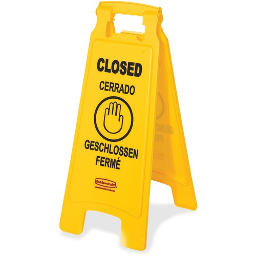 Rubbermaid Commercial Products  Floor Sign, Closed, Multi-Lingual, 2-sided, 6/CT, Yellow