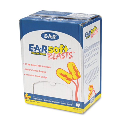 E A Rsoft Blasts Earplugs, Corded, Foam, Yellow Neon, 200 Pairs