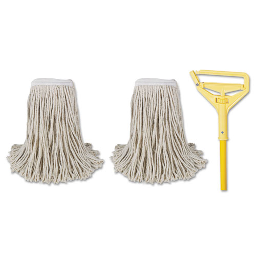 Cut-End Mop Kits, #24, Natural, 60" Metal/plastic Handle, Yellow