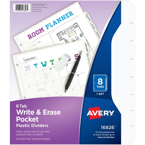WRITE AND ERASE DURABLE PLASTIC DIVIDERS WITH POCKET, 8-TAB, 11.13 X 9.25, WHITE, 1 SET