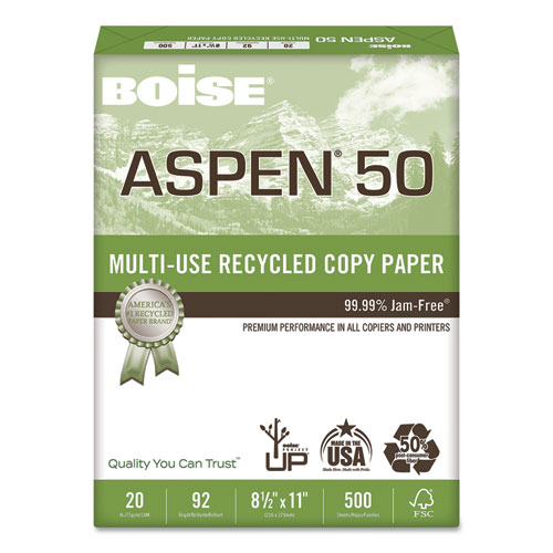 ASPEN 50 MULTI-USE RECYCLED PAPER, 92 BRIGHT, 20LB, 8.5 X 11, WHITE, 500 SHEETS/REAM, 10 REAMS/CARTON