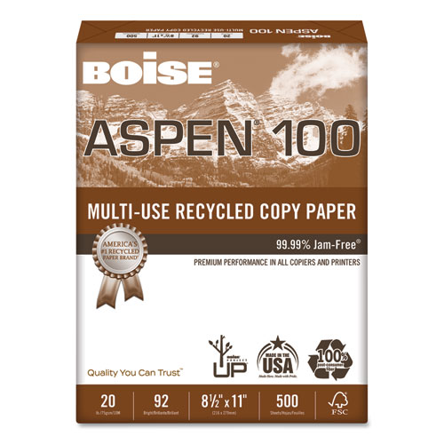 ASPEN 100 MULTI-USE RECYCLED PAPER, 92 BRIGHT, 20LB, 8.5 X 11, WHITE, 500 SHEETS/REAM, 10 REAMS/CARTON