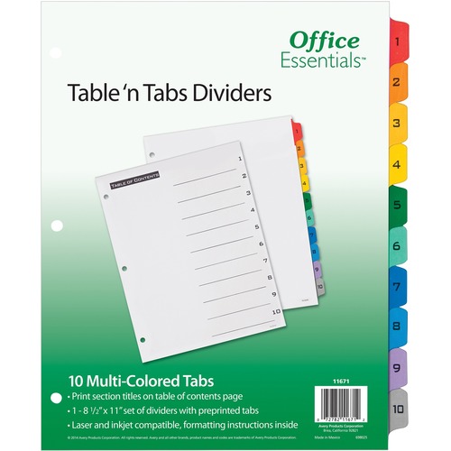 TABLE 'N TABS DIVIDERS, 10-TAB, 1 TO 10, 11 X 8.5, WHITE, 1 SET