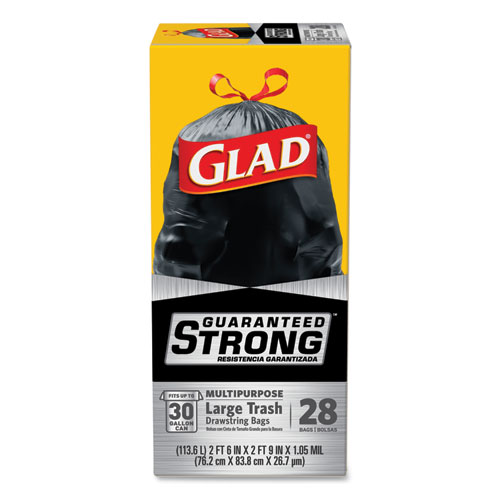 DRAWSTRING LARGE TRASH BAGS, 30 GAL, 1.05 MIL, 30" X 33", BLACK, 90/CARTON