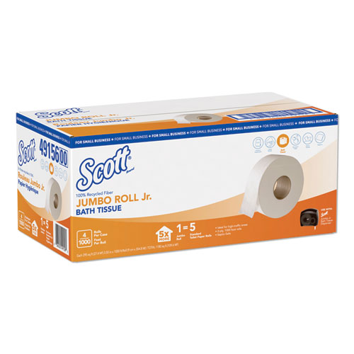 ESSENTIAL 100% RECYCLED FIBER JRT BATHROOM TISSUE, SEPTIC SAFE, 2-PLY, WHITE, 1000 FT, 4 ROLLS/CARTON