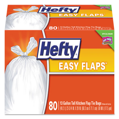 EASY FLAPS TRASH BAGS, 13 GAL, 0.8 MIL, 23.75" X 28", WHITE, 80/BOX