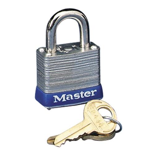 Four-Pin Tumbler Lock, Laminated Steel Body, 1 1/8" Wide, Silver/blue, Two Keys