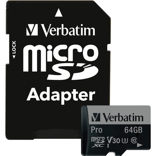 Verbatim  Memory Card, microSDXC, w/Adapter, 64GB, BK/GY