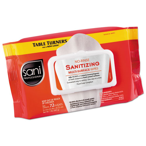 NO-RINSE SANITIZING MULTI-SURFACE WIPES, 9" X 8", WHITE, 72 WIPES/PK, 12/CARTON