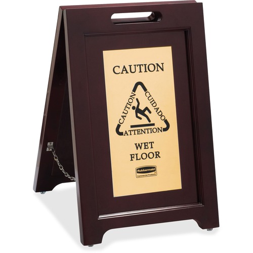 Executive 2-Sided Multi-Lingual Caution Sign, Brown/brass, 15 X 23 1/2