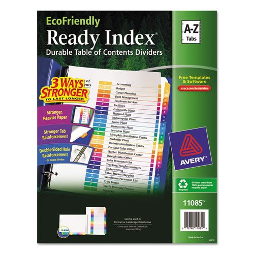 CUSTOMIZABLE TABLE OF CONTENTS READY INDEX DIVIDERS WITH MULTICOLOR TABS, 26-TAB, A TO Z, 11 X 8.5, WHITE, 1 SET