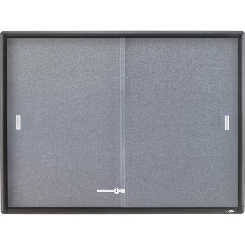 Enclosed Bulletin Board, Fabric/cork/glass, 48 X 36, Gray, Aluminum Frame