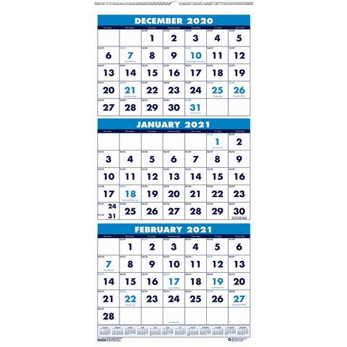 RECYCLED THREE-MONTH FORMAT WALL CALENDAR, 12.25 X 26, 14-MONTH, 2020-2022