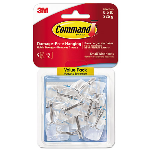 CLEAR HOOKS AND STRIPS, PLASTIC/WIRE, SMALL, 9 HOOKS WITH 12 ADHESIVE STRIPS PER PACK