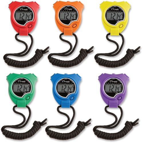 Water-Resistant Stopwatches, 1/100 Second, Assorted Colors, 6/set