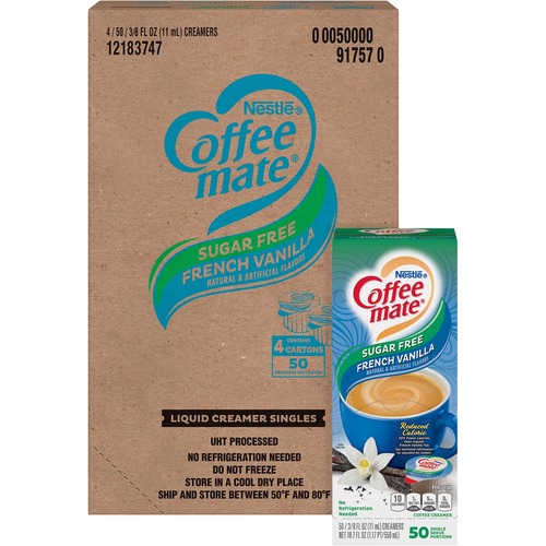 LIQUID COFFEE CREAMER, SUGAR-FREE FRENCH VANILLA, 0.38 OZ MINI CUPS, 50/BOX, 4 BOXES/CARTON, 200 TOTAL/CARTON