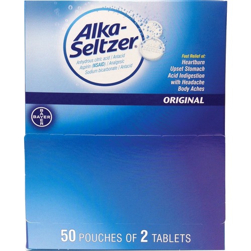R J General Corp.  Indigestion Tablets, Alka-Seltzer, Original, 2/Pouch, 100/BX