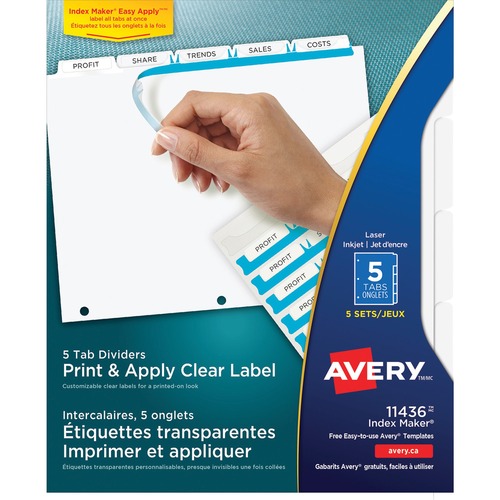 PRINT AND APPLY INDEX MAKER CLEAR LABEL DIVIDERS, 5 WHITE TABS, LETTER, 5 SETS