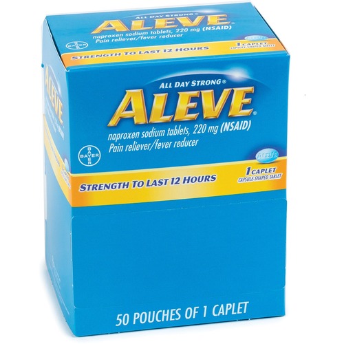 Acme United Corporation  Aleve Pain Relief Caplets Packs, Single Dose, 50/BX, Blue
