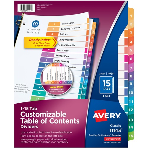 CUSTOMIZABLE TOC READY INDEX MULTICOLOR DIVIDERS, 15-TAB, LETTER