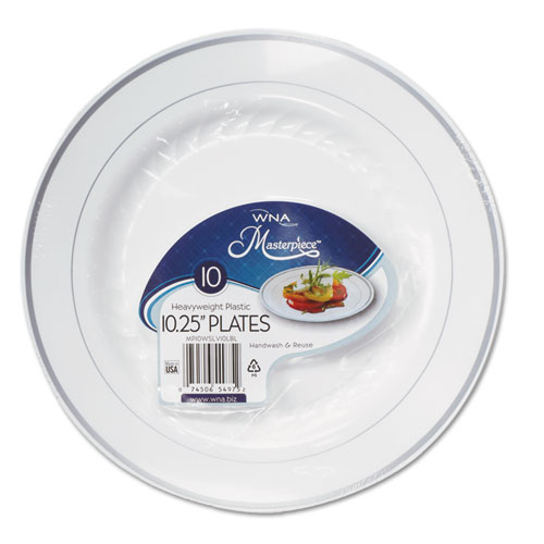 Masterpiece Plastic Dinnerware, White/silver, 10 1/4", 10/pack