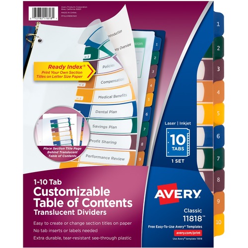 CUSTOMIZABLE TABLE OF CONTENTS READY INDEX DIVIDERS WITH MULTICOLOR TABS, 10-TAB, 1 TO 10, 11 X 8.5, TRANSLUCENT, 1 SET