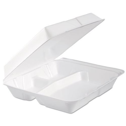 Foam Hinged Lid Container, 3-Comp, 9.3 X 9 1/2 X 3, White, 100/bag, 2 Bag/carton